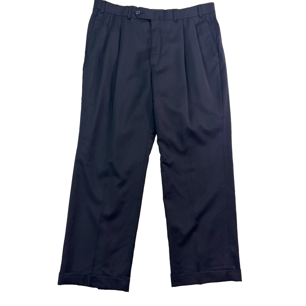 vtg 90s Stafford 38x30 Navy Blue‎ Dress Suit Pants Pleated Cuffed 100% Wool Mens